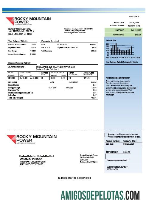 realista Modelo de conta de serviços públicos de eletricidade nas montanhas rochosas dos EUA, Utah, em formatos Word e PDF
